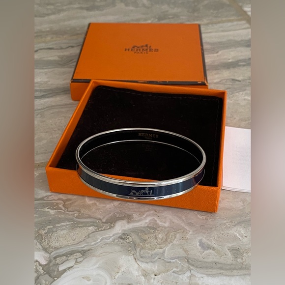 Hermes Bangle Curry Silver Navy Blue Enamel Bracelet - Picture 3 of 8